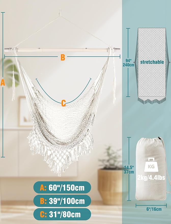 Chihee Hammock Chair Handmade Hanging Chair Cotton Rope Woven Hanging Seat Soft-Spun Large Stretch Hammock Swing, Collapsible Strong Metal Spreader Bar Elegant Macrame Comfort Indoor Outdoor Garden