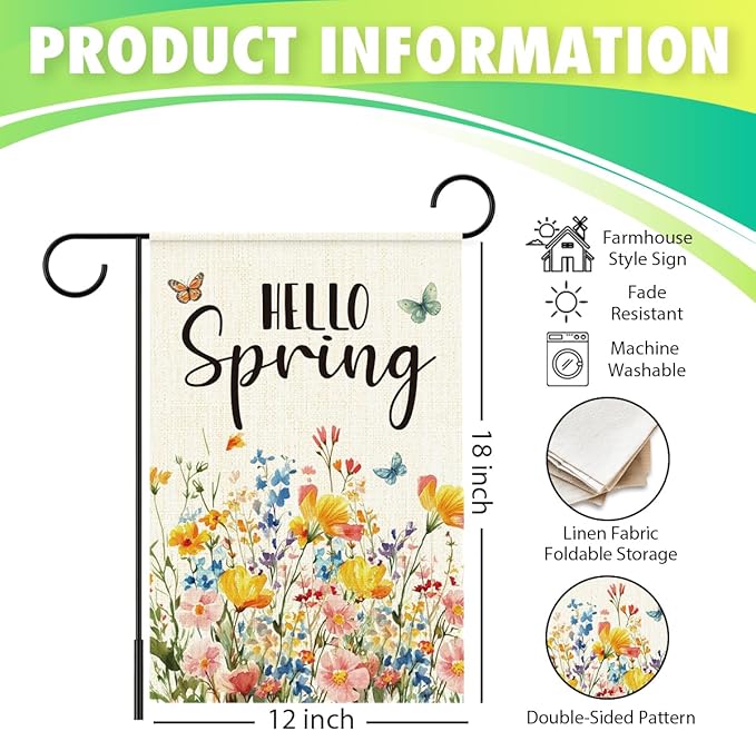 Hello Spring Flags for Outside,Floral Butterfly Garden Flag for Yard Patio Lawn Decoration,12x18 Inch Double Sided