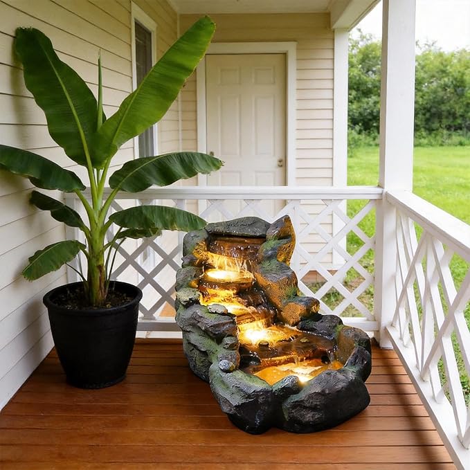 Sunlinua 42" L Outdoor Water Fountain with 3 Tiers Cascading Realistic Tree Trunk Waterfall Fountains with LED Lights Outdoor Water Fountain for Garden Patio Backyard Porch Home Decor