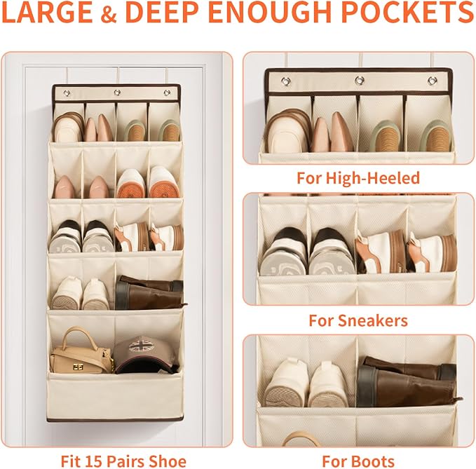 1 Pack Over the Door Shoe Organizers, Hanging Organizers with Large Pockets | with Large Deep Pocket Shoe Holder for Closet Shoes Rack for Wall, Over Door Shoe Storage Hold up to 18 Pairs Shoes, Beige