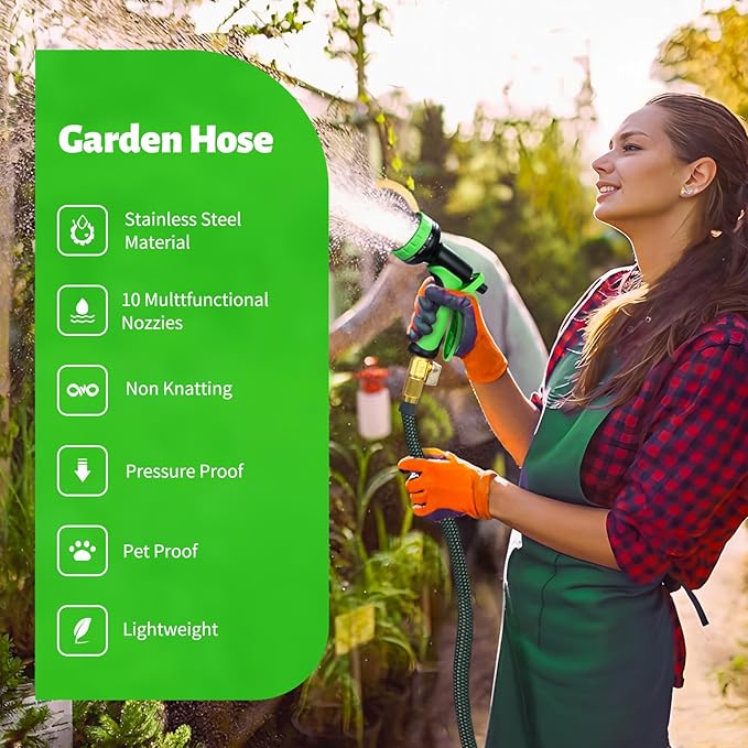 FrutPunch Garden Hose 50 FT,Non-Expanding,10 Functional Nozzles, Garden Hose anti-kink,Heavy Duty Flexible Water Hose 50 FT,Suitable for Outdoor, Yard, Lawn, Car Washing and Other Scenes.(50ft)