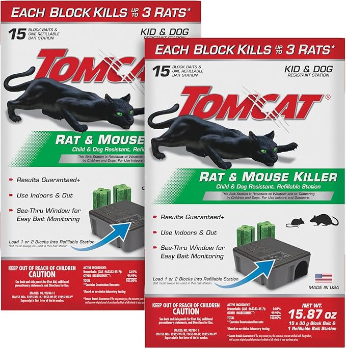 Tomcat Rat & Mouse Bait Station, 2 Packages Each with 1 Station & 15 Baits | Tomcat Rat & Mouse Killer, Child & Dog Resistant, Refillable Station - Indoor/Outdoor Use, Weather Resistant, Easy Monitoring