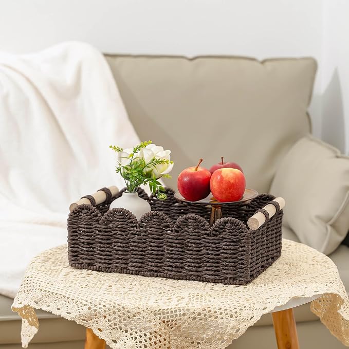 CubesLand Scalloped Toilet Paper Storage Basket for Over Toilet Shelves | Decorative Wicker Organizer Basket Perfect for Home Countertop Storage, Small Basket, Living Room Shelf Decor, Set 2 Brown