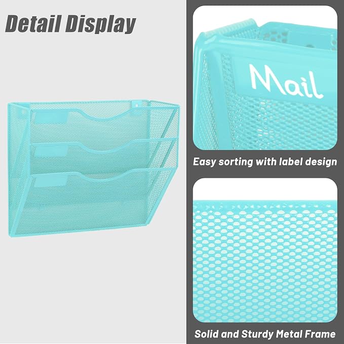 EASEPRES 3 Pocket Mesh Hanging Wall File Organizer, Wall Mounted Mail Paper Document Folder Holder, Clipboard Storage Organization Magazine Rack with Nametag Label for Office Home School, Blue