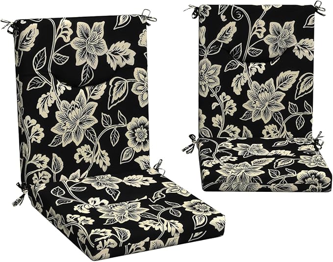 DYTXIII Outdoor High Back Chair Cushions Set of 2, 44x20 in Water Repellent Patio Seat Cushions with Elastic Sponge, All Weather Cushions for Rocking, Dining Chairs, Patio Furniture - Vines Black
