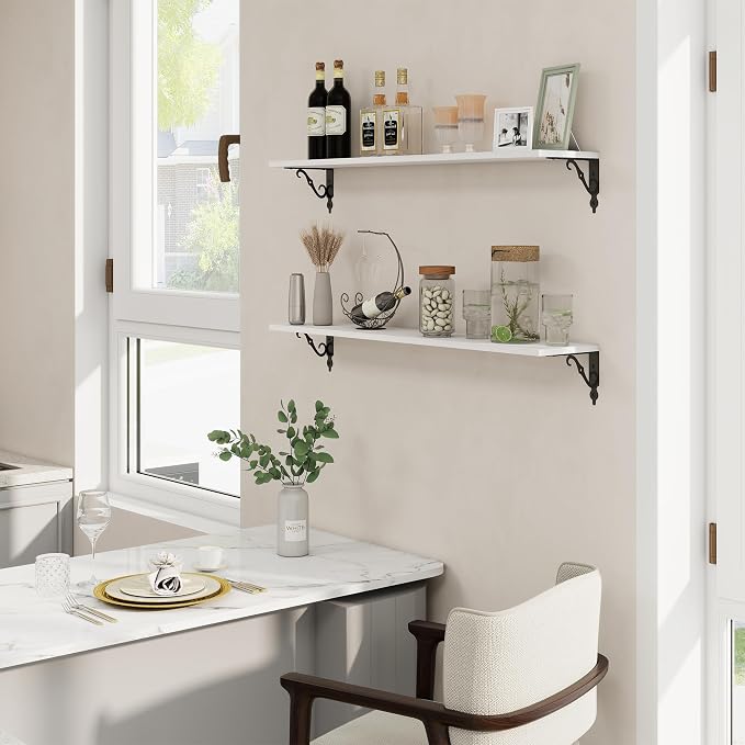 RICHFOCUS Floating Shelves for Wall Decor, 39.4W x 8D Shelves Set of 2, 8 Inch Deep Rustic Wood Shelves Wall Mounted with Brackets, Long Floating Shelves for Living Room Bedroom Kitchen, White