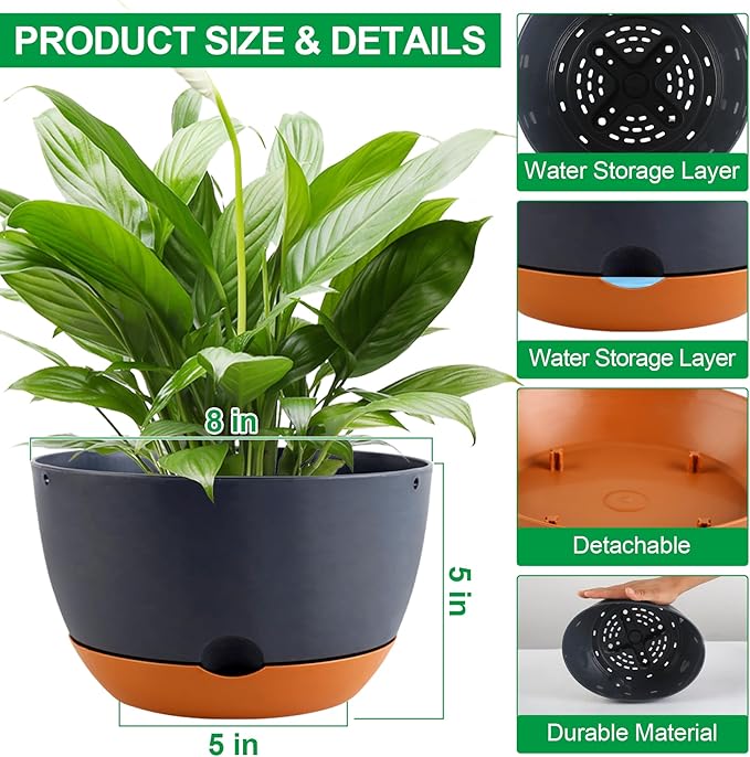 Nooulap 4 Pack Self Watering Pots for Indoor,8 Inch Plant Pot Outdoor Plastic Flower Pot with Drainage and Saucers(Grey)