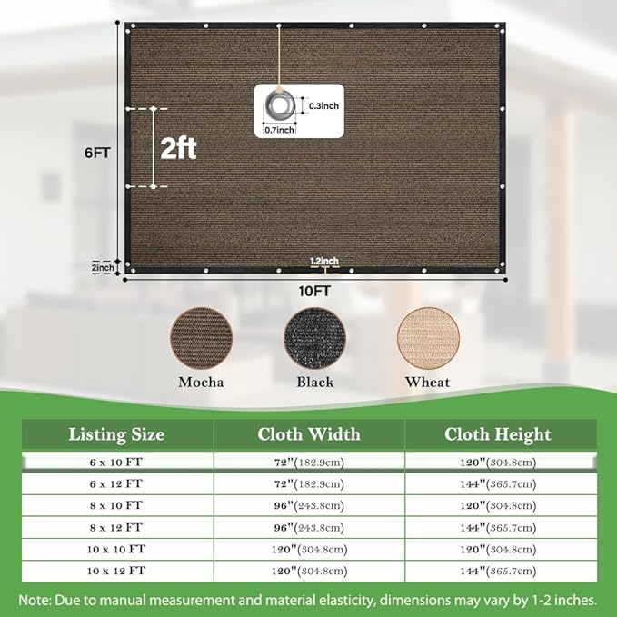SEEYE 90% Sun Shade Cloth, 6 x 10 FT Durable Privacy Screen Shade Cover, Pergola Shade Cover with Grommets, UV Block Mesh Tarp for Plant Cover, Greenhouse, Patio, Chicken Coop, Balcony, Mocha