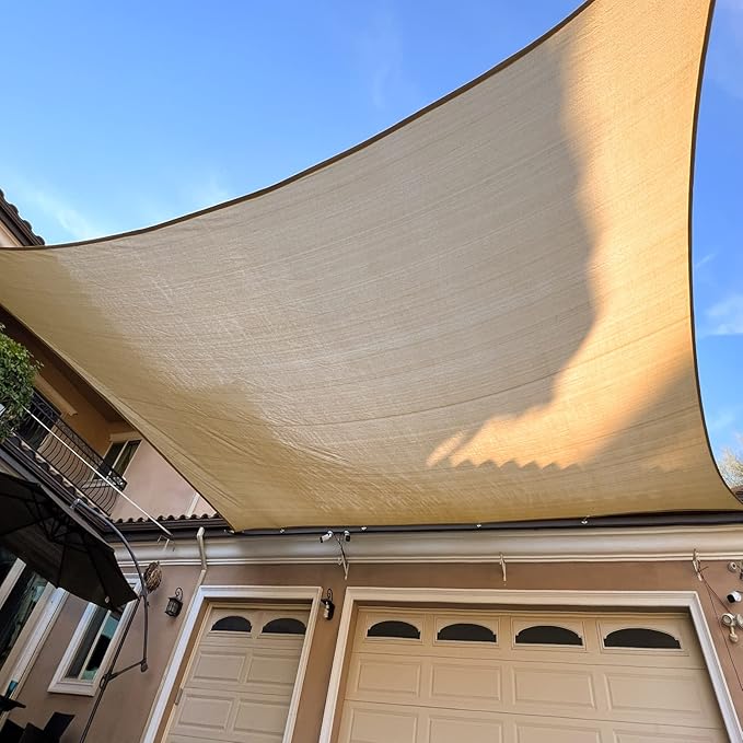 Sun Shade Sail Canopy, Patio Shade Cloth Outdoor Cover - Sunshade Fabric Awning Shelter for Pergola Backyard Garden Carport (Sand, 6' x 12' Rectangle)