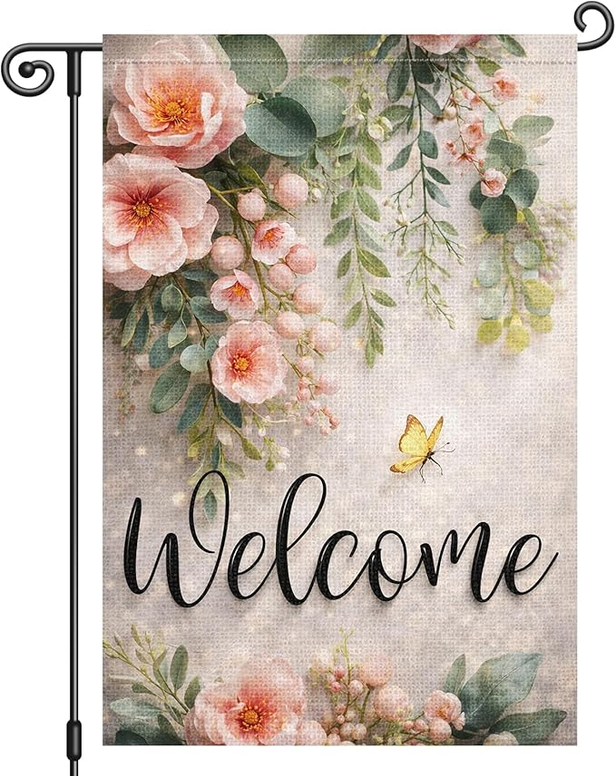 Heyfibro Spring Welcome Garden Flag 12x18 Inch Double Sided Butterfly Peony Eucalyptus Garden Flag Small Yard Flags for Outside House Farmhouse Seasonal Spring Outdoor Decorations