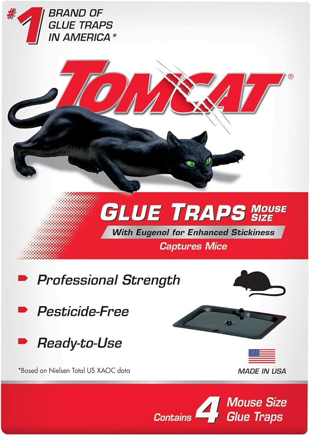 Tomcat Glue Traps Mouse Size with Eugenol for Enhanced Stickiness, 16 Traps | Sticky Pads For Mice, Cockroaches, and Spiders, 4 Packages with 4 Glue Traps Each