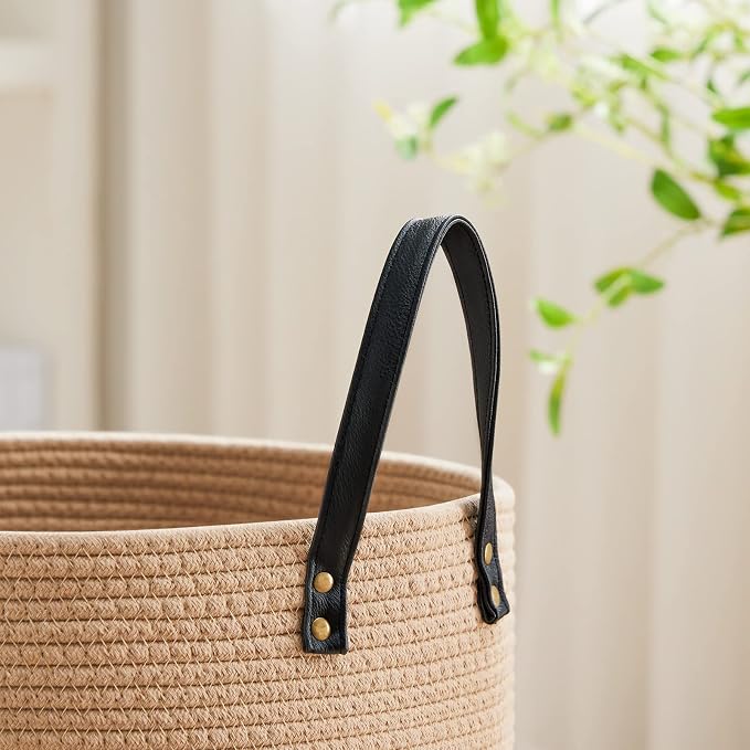 VIPOSCO 72L Tall Woven Rope Laundry Hamper, Leather Handles, Brown & Black | Large Wicker Laundry Basket for Dirty Clothes, Blanket, Toy, Towel, Yoga Mat, Storage Bin in Bedroom, Bathroom, Living Room
