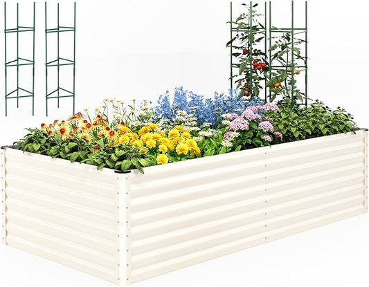 Quictent Galvanized Raised Garden Bed 8x4x2 Ft Tall Metal Planter Box for Vegetables Bottomless for Backyard, 2 Tomato Cages Included, 22.04" Deep, Beige