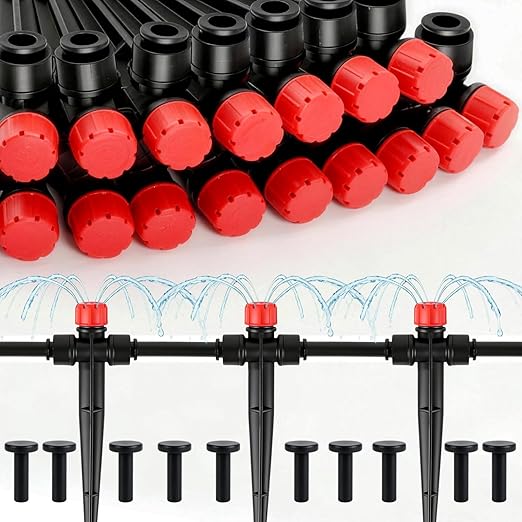 RedChili 10 Pieces Quick Connect Drip Emitters for 1/4" Drip Irrigation Tubing, Adjustable 360 Degree Stream Emitters with Stake Two Way Full Circle 8 Hole Stream Drippers for Garden Watering System