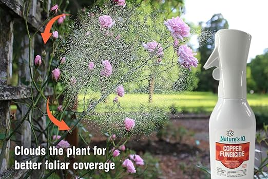 Nature's IQ Copper Fungicide. Innovative Spray Mist Technology. Controls powdery Mildew, Black spot, and Rust! for use on Roses, Flowers, ornamentals, Fruits and Vegetables. Ready-to-use 20 oz.