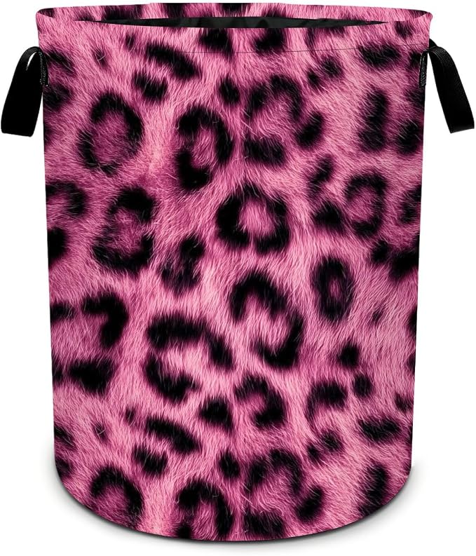 Pink Leopard Laundry Basket Collapsible Oxford Laundry Hamper Clothes Storage Bin with Handles for Bedroom Bathroom Laundry Room 19.6 x 15.7 Inches