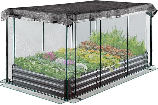 Quictent Galvanized Raised Garden Bed with Crop Cage Plant Protection Net Tent and Shade Cloth Kit Metal Planter Box Bottomless Planting Vegetables Outdoor Backyard Included T Tags Wing Nuts 8x4x1 Ft