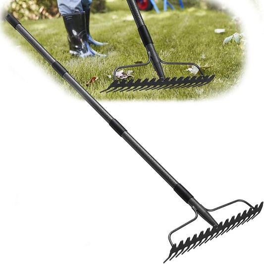 49 inch Bow Rake, 2-in-1 Metal Garden Lawn Rake for Weeding Digger Loosening Soil Raking Leaf Leveling Rocks Spreading Mulch Gravel 17 Tines Adjustable Garden RakeBow Rake