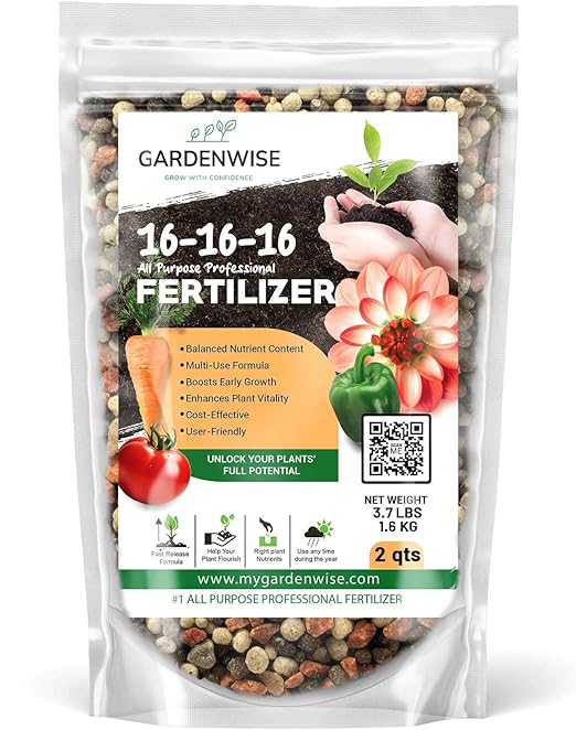 GARDENWISE 16-16-16 All Purpose Professional Fertilizer - Lawn, Flower, Tree, Shrub & Vegetable Garden Fertilizer (2 Quarts)