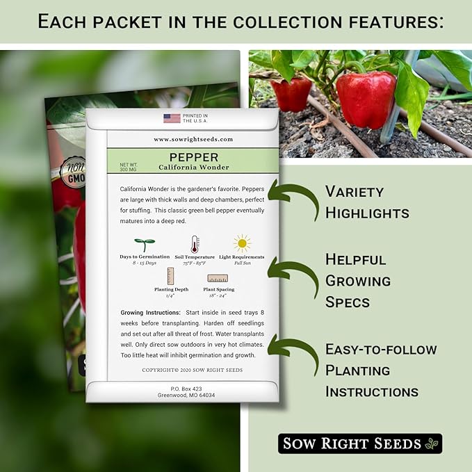 Sow Right Seeds - Sweet Bell Pepper Seed Collection for Planting a Home Garden - Cal Wonder, Emerald Giant, Orange Sun, Purple Beauty, Sunbright, Chocolate Beauty - Non-GMO Heirloom Variety Pack