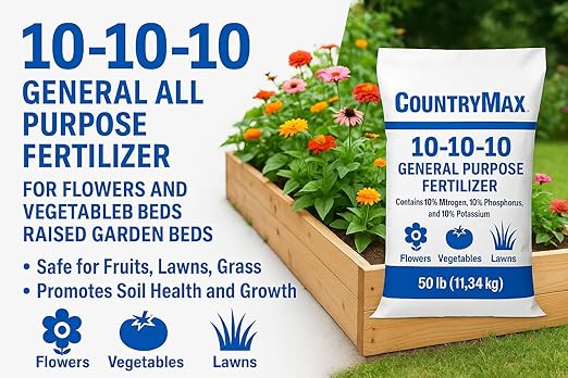 10-10-10 General All Purpose Fertilizer for Flowers and Vegetable Beds - Raised Garden Beds - Safe for Fruits, Lawns, Grass - Promotes Soil Heath and Growth - 50 Pound Bag
