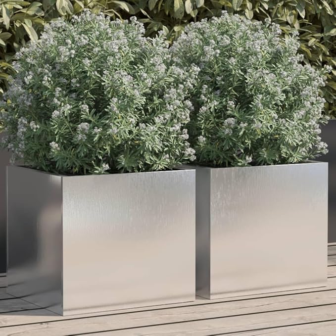 Stainless Steel Planter Set of 2 Medium Silver Rectangular Planters for Outdoor Garden Balcony Patio Decor Durable Rust-Resistant