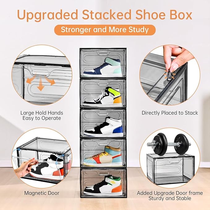 8 Pack Drop Side Shoe Boxes, Large Stackable Shoe Storage, Thick Plastic
