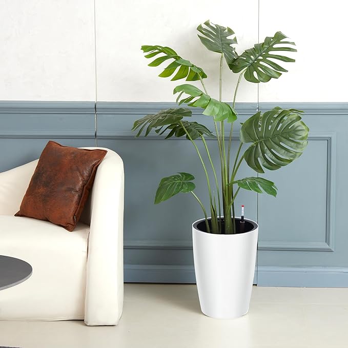16" Tall Round Planter Set of 4, Self Watering Pots, Large Planter for Indoor Outdoor Plants, Built-in Drainage and a Water Level Monitor, for Patio, Porch, Living Room, or Home Office, White