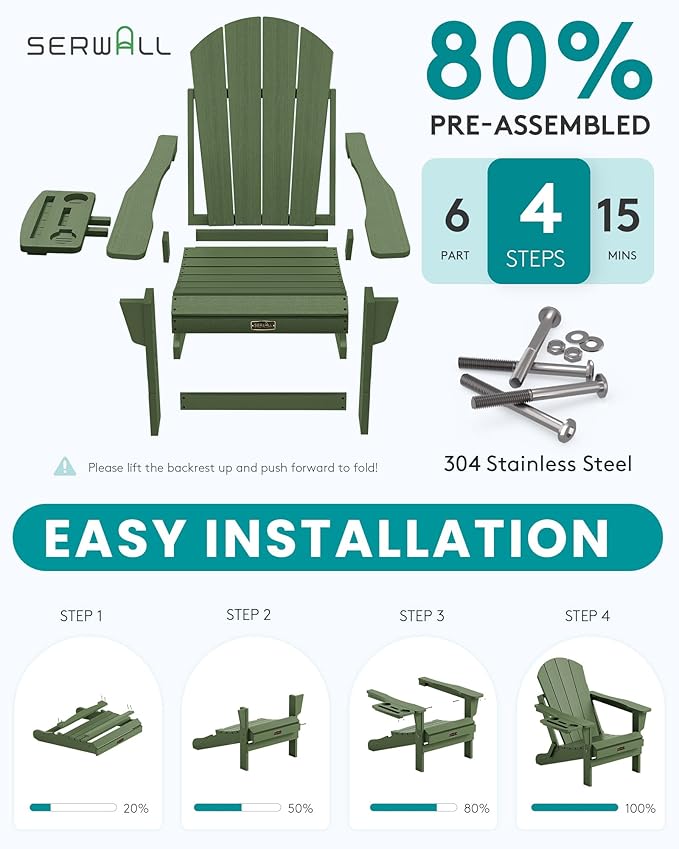 SERWALL Foldable Adirondack Chair Set of 2, Adirondack Chairs with 4 in 1 Cup Holder, Weather Resistant Plastic Chair for Patio Garden Outdoors Fire Pit Chairs - Avocadogreen