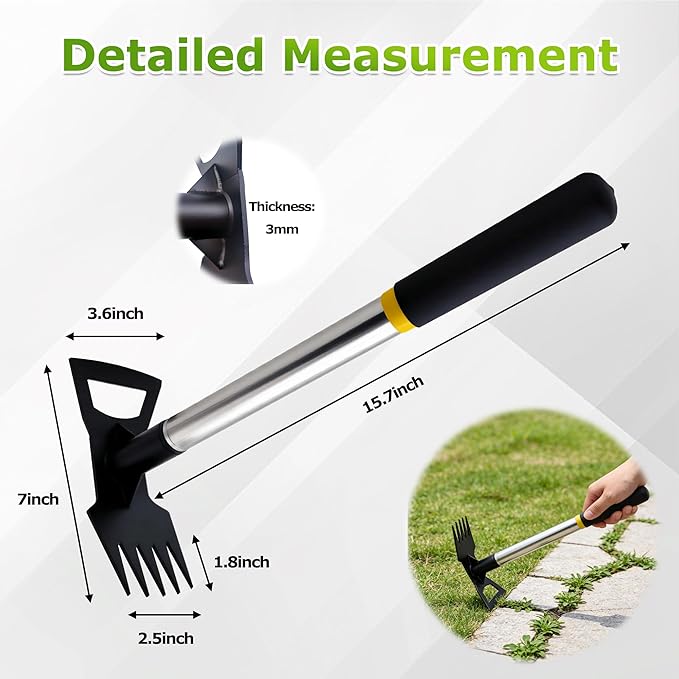 2 in 1 Weed Tool, 15.7" Short Handle Weed Rake with 5-Tine Head, Small Garden Hoe for Weeding in Flower Beds, Courtyards & Narrow Gaps