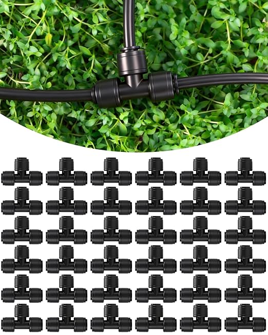 36Pack Drip Irrigation Parts, Quick Connect 1/4" Hose Tee Fittings for Garden, Farm & Greenhouse Irrigation Systems