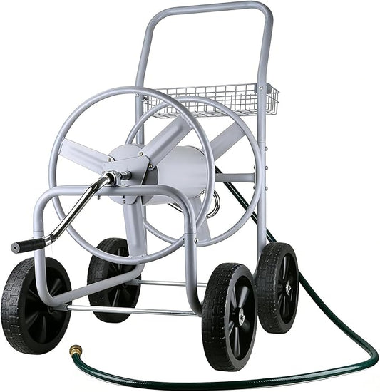Hose Reel Cart, 250 FT of 5/8’’ Hose, Heavy-Duty Water Hose Cart with 4 Wheels, Storage Basket, Portable Water Hose Organizer for Outside Yard, Outdoor Planting Tool (Sliver)