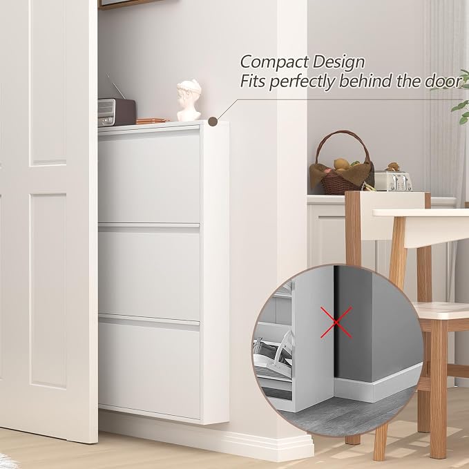 GREATMEET Slim Wall Mounted Metal Storage Cabinet with 3 Flip Drawers
