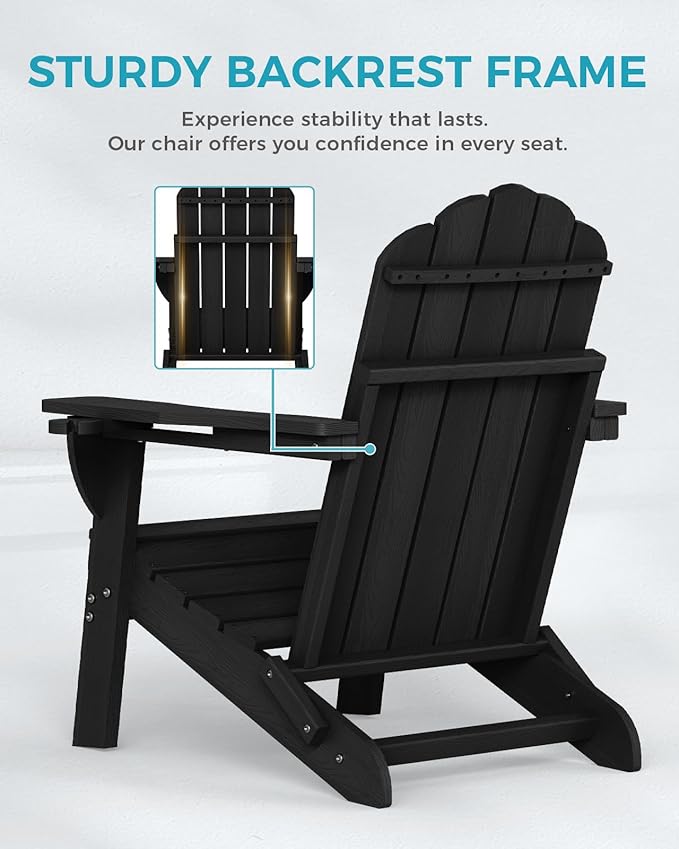 Adirondack Chairs Set of 2, HDPE Material Fire Pit Chairs, Plastic Adirondack Chairs with 2 Cup Holder, Outdoor Lawn Chair for Patio Garden, Black