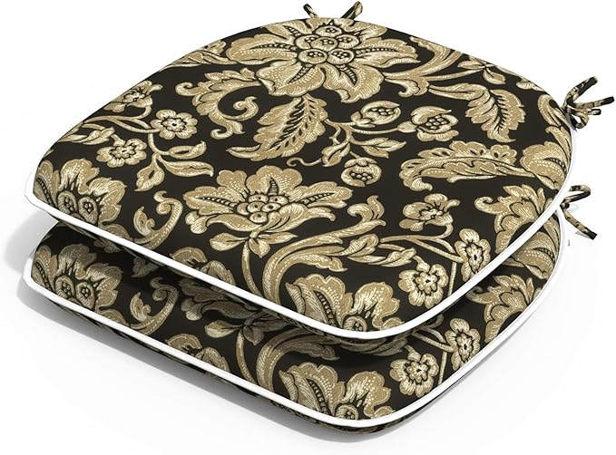 Outdoor Chair Cushions 16"x17" Set of 2, Water Resistant Patio Chair Pads with Ties, Seat Cushions for Home Garden Furniture Decoration, Jacobean Black
