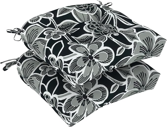 DYTXIII Set of 2 Outdoor Chair Cushions 19"x19"x4", Water Repellent Tufted Patio Seat Cushions with Ties, Thick Replacement Pads for Wicker Dining Chairs, Patio Furniture, Flower Black