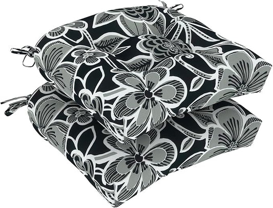 DYTXIII Set of 2 Outdoor Chair Cushions 19"x19"x4", Water Repellent Tufted Patio Seat Cushions with Ties, Thick Replacement Pads for Wicker Dining Chairs, Patio Furniture, Flower Black