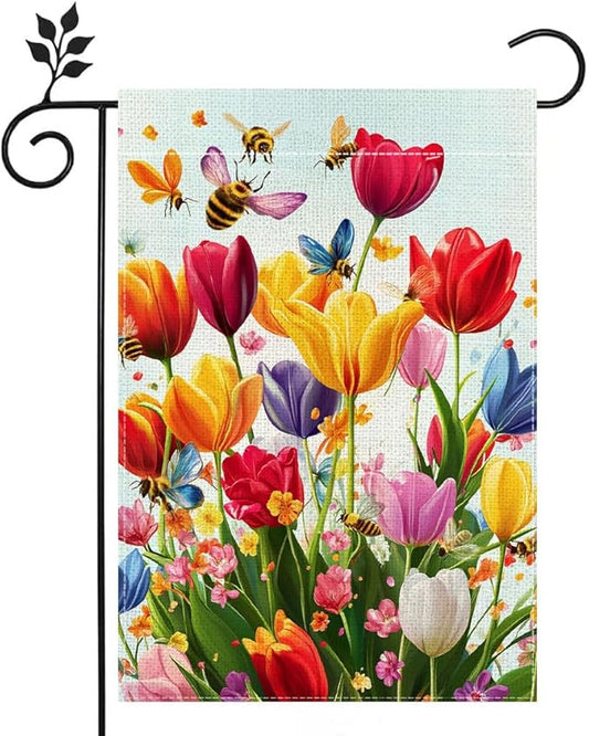 Spring Summer Tulip Garden Flag 12x18 Inch Double Sided, Colorful Welcome Yard Decor, Farmhouse Outdoor Flag for Lawn Patio Porch