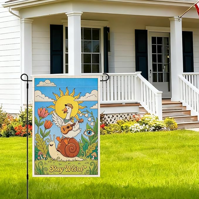 RZHV Stay Weird Double-Sided Garden Flag for Outdoor House Yard Sign Garden Decor Parade, Funny Snail Silly Goose Sun House Patio Outdoor Banner Decoration, Diversity Inclusion Yard Sign