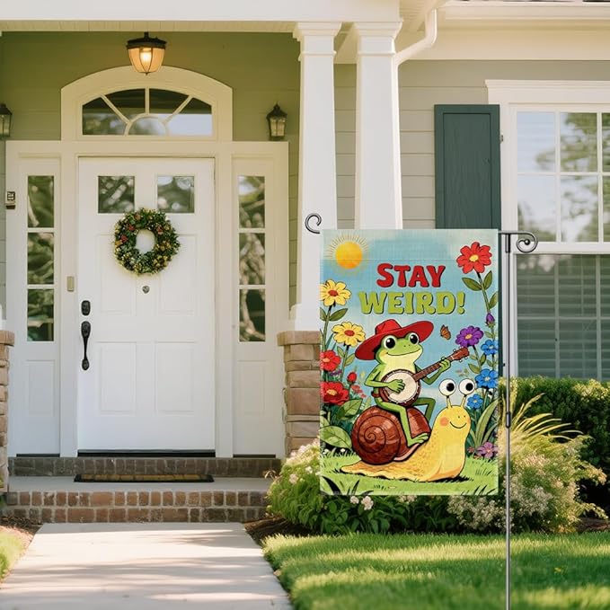 Stay Weird Funny Garden Flag, Hippie Frog Snail Flag, Boho Kindness Peace LGBTQ Resist Equality Inclusive Yard Sign, Spring Summer Welcome Yard Farmhouse Community Lawn Liberal Outdoor Decor
