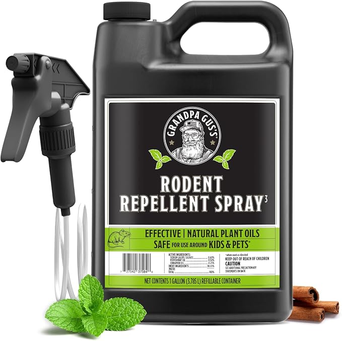 Grandpa Gus's Rodent Repellent Spray, Natural Peppermint Oil, 128 Fl Oz | Peppermint & Cinnamon Oil Deterrent Spray for Rodents & Mice, Non-Staining Formula, for Cars, RVs & Garages, Kid & Pet Safe