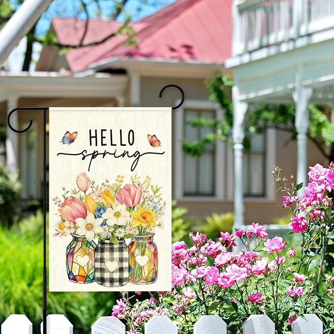 Hello Spring Flags for Outside,Floral Mason Jar Garden Flag for Yard Patio Lawn Decoration,12x18 Inch Double Sided