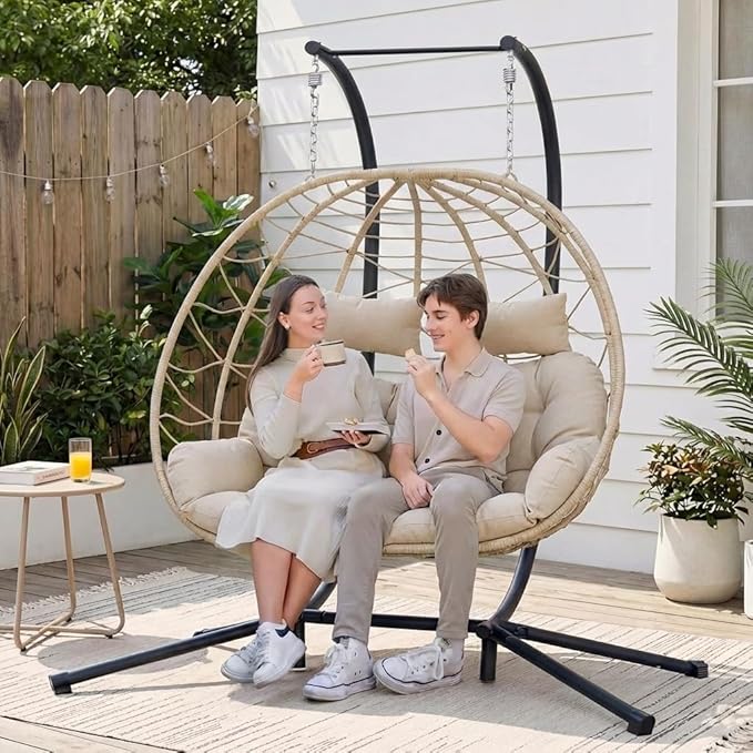 Easyego 2-Person Wicker Hanging Egg Chair with Stand- 700 lb Capacity, Indoor/Outdoor Double Egg Swing Hammock Chair for Patio, Garden, Porch, Living Room, Bedroom-Khaki