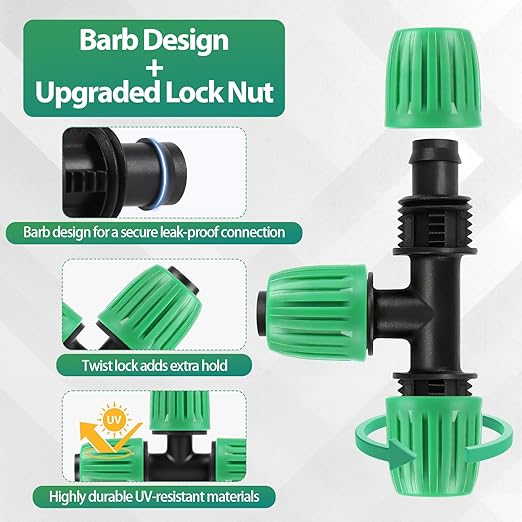 RedChili 14 Pcs 1/2 Inch Irrigation Tubing Tee Fittings, (1/2" ID x0.6-0.65" OD) 16mm Drip Tubing Barbed Locked Nuts Connectors Anti-Drop 1/2" T Parts for Garden Lawn Irrigation System