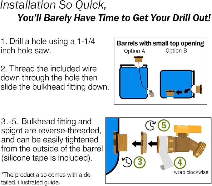 Brass Rain Barrel Spigot Kit. Lead-Free Compliant. 3/4 Inch Quarter Turn Ball Valve. Rain Barrel Kit for Any Including 5 55 Gallon Drum Spigot Bucket, with Bulkhead Fitting, Tape P72-02330G