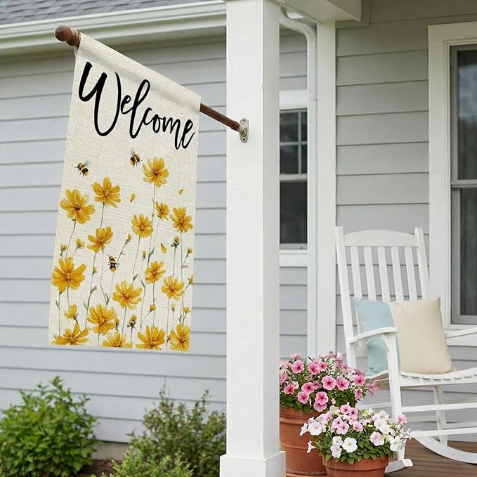 CROWNED BEAUTY Spring House Flag Yellow Wildflower Double Sided 28x40 Inches Large Burlap Welcome Holiday Seasonal Yard Decoration for Outside Porch