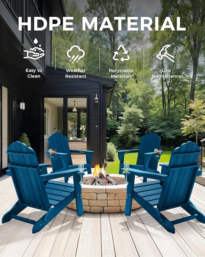 Adirondack Chairs Set of 4, HDPE Fire Pit Chairs, Plastic Adirondack Chairs with 2 Cup Holder, Outdoor Lawn Chair for Patio Garden, Navy Blue