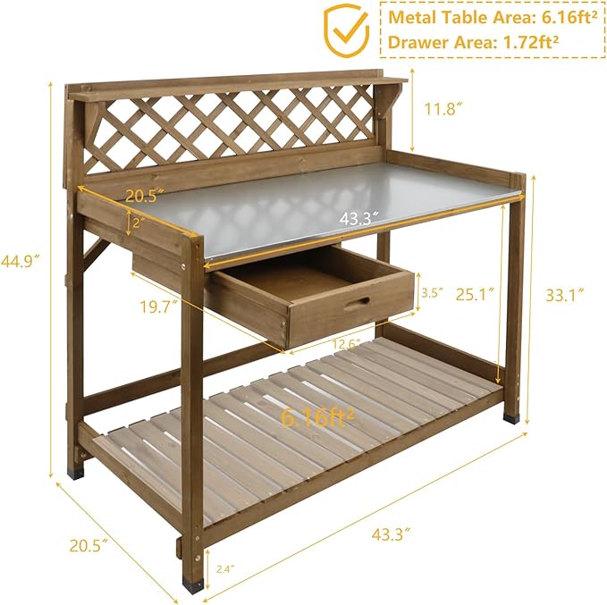 Ketive Garden Potting Bench with Metal Tabletop,Outdoor Potting Table Workstation Benches with Drawer/Storage Shelf，Fir Wood Potting Station Work Table with Open Shelf,Lattice Back (Brown)