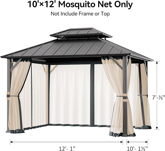 Covered Outdoor Universal Gazebo Mosquito Netting Replacement - 10' x 12' 4-Panel Screen Walls with Double Zipper for Outdoor Patio Canopy Garden Gazebos, Slate Gray and Beige