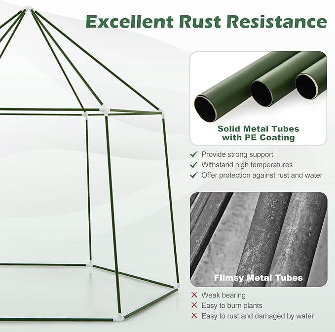 HAPPYGRILL 6.5 x 5.6 x 6.2 FT Greenhouse, Portable Outdoor Greenhouse w/ PE Cover, Rustproof PE-Coated Metal Frame, Roll-up Zippered Door, Windows, Greenhouses for Outdoors, Garden, Patio, Backyard